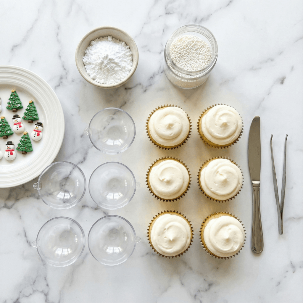 Ingredients and tools for easy no‑bake snow globe cupcakes including store‑bought cupcakes, plastic ornaments, powdered sugar and edible Christmas decorations