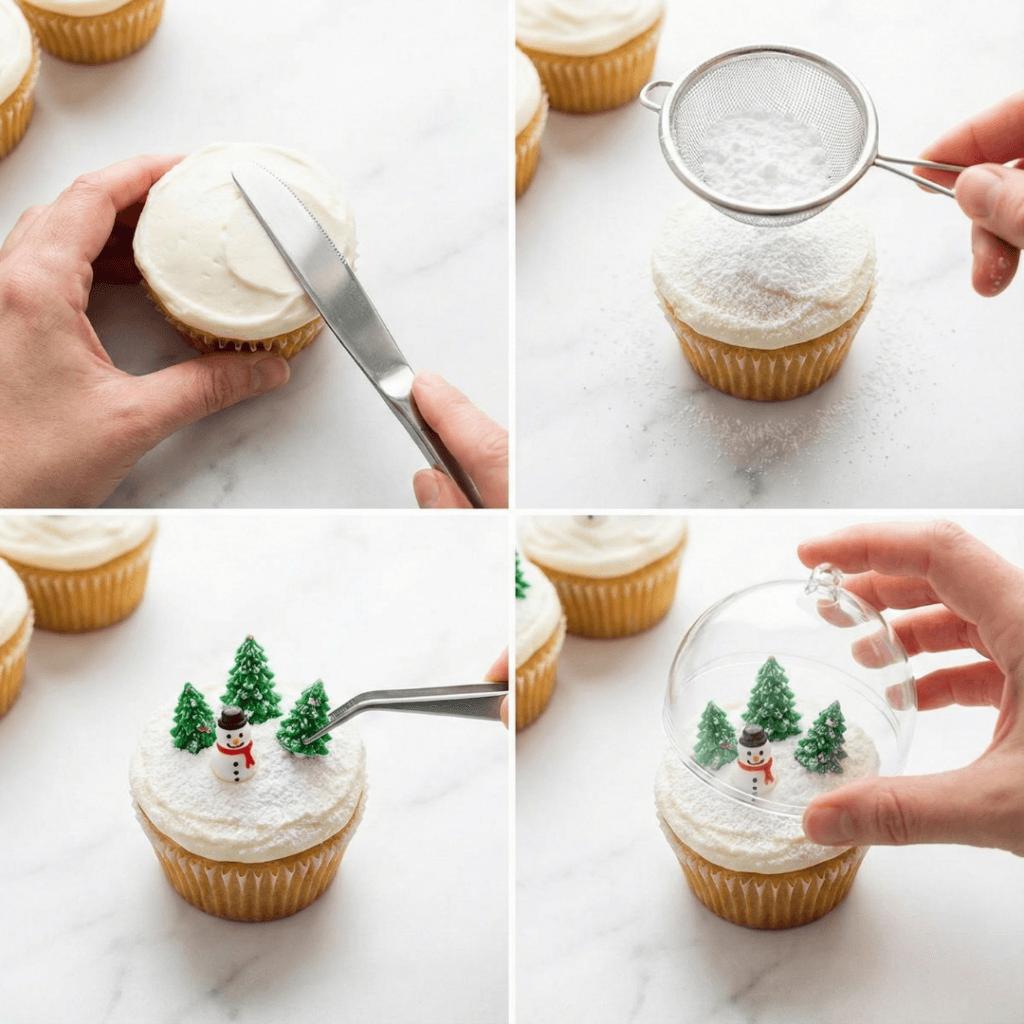 Step‑by‑step process for assembling no‑bake snow globe cupcakes with store‑bought cupcakes and plastic ornament domes