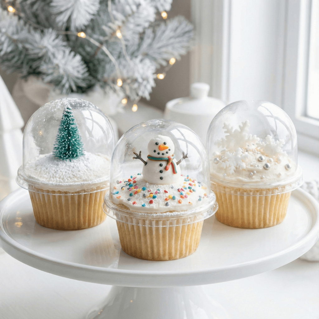 Three no‑bake snow globe cupcakes showing beginner, character and elegant decoration styles side by side