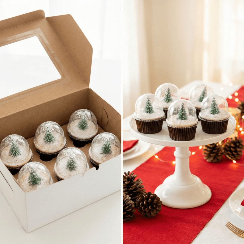 Snow globe cupcakes stored in a tall bakery box and then displayed on a cake stand for serving at a holiday party