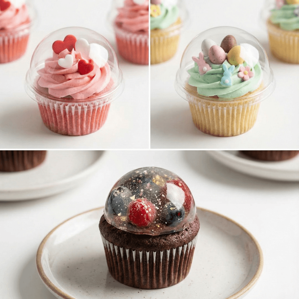 Three variations of snow globe cupcakes including Valentine's Day, Easter and fully homemade versions