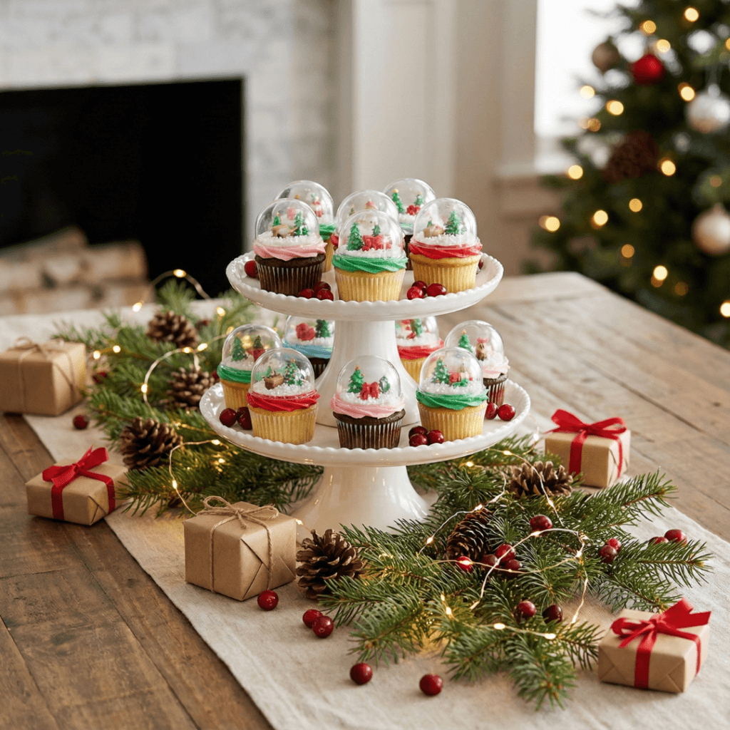 Festive holiday dessert table featuring easy no‑bake snow globe cupcakes on a tiered stand with Christmas decorations