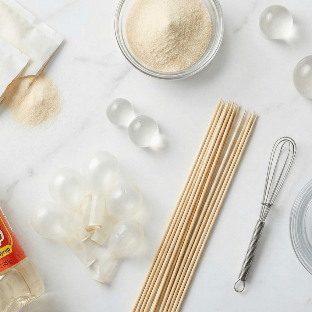 Flat lay of ingredients and tools for making gelatin bubbles including gelatin packets, small balloons, wooden skewers, bowl and corn syrup