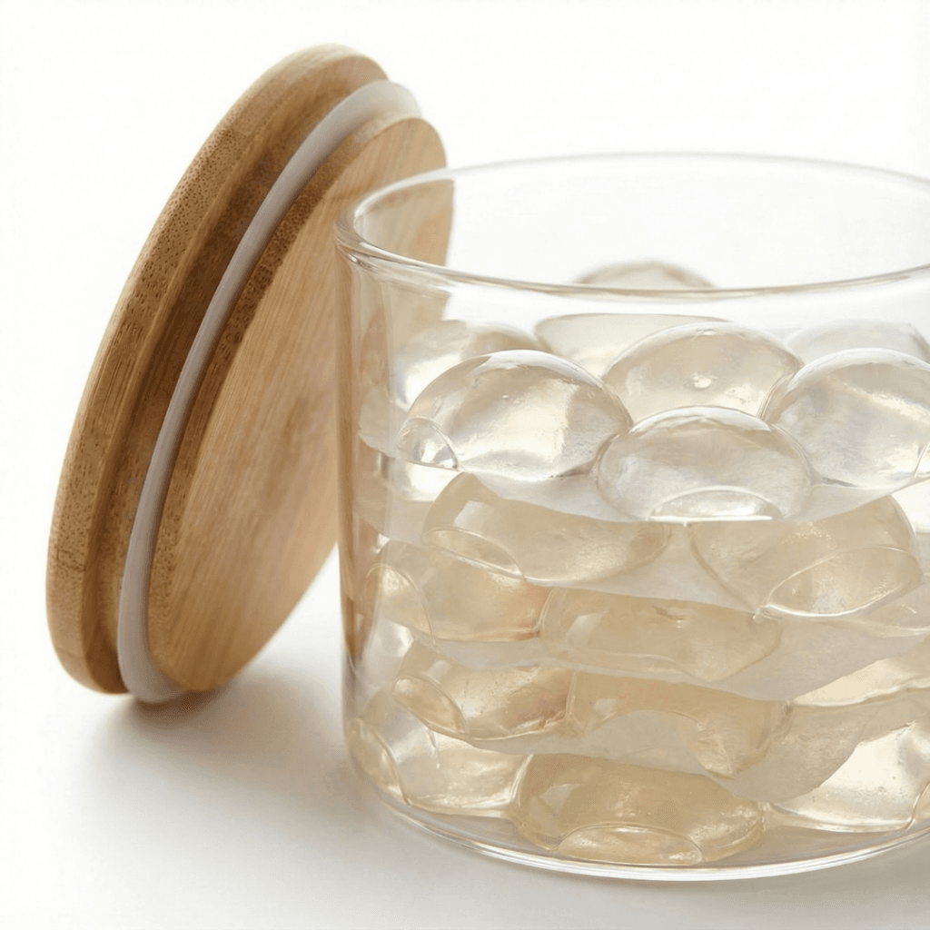 Airtight container filled with multiple gelatin bubbles separated by parchment paper for safe storage