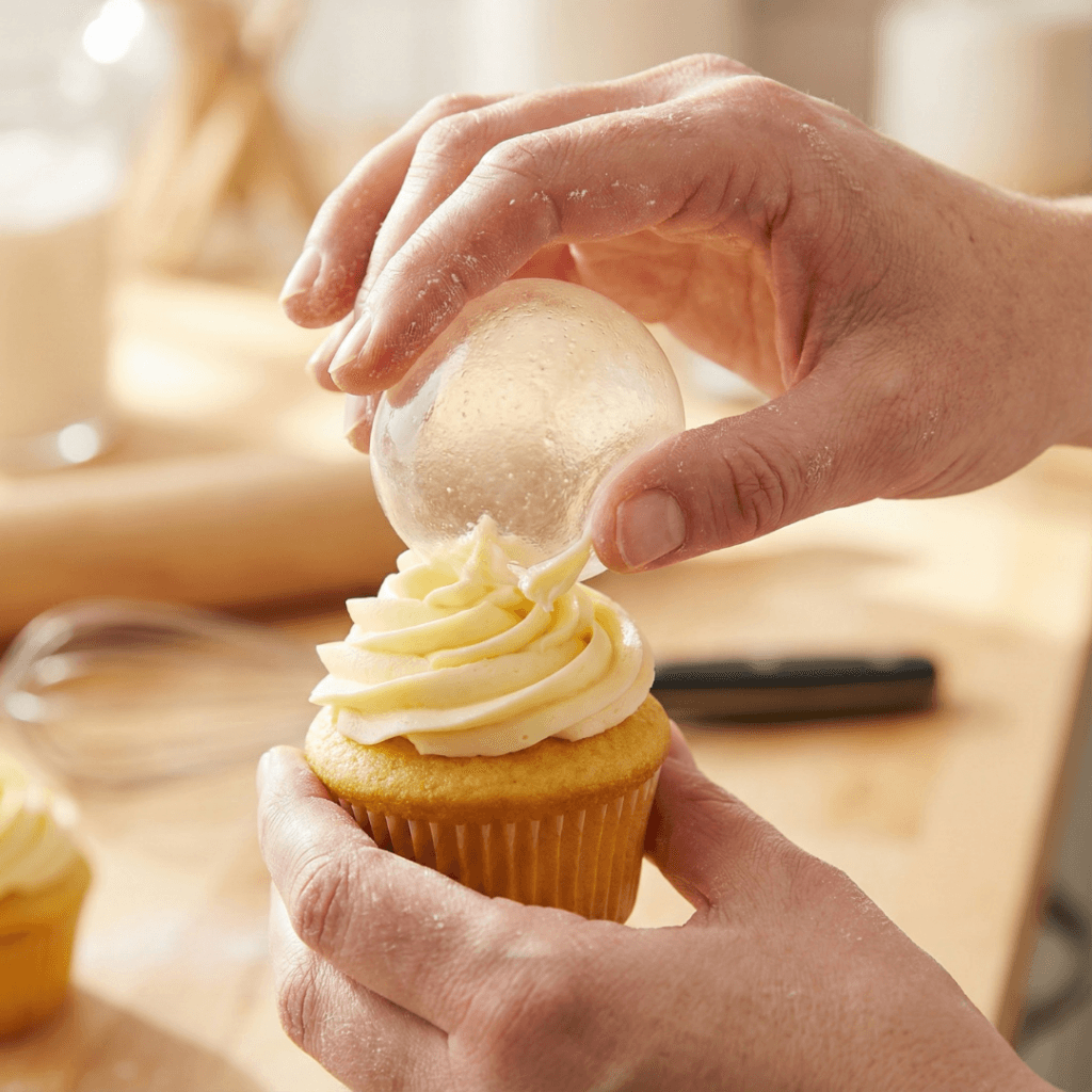 Close‑up of hands gently pressing a clear gelatin bubble onto the top of a buttercream frosted cupcake with a small dollop of frosting as glue