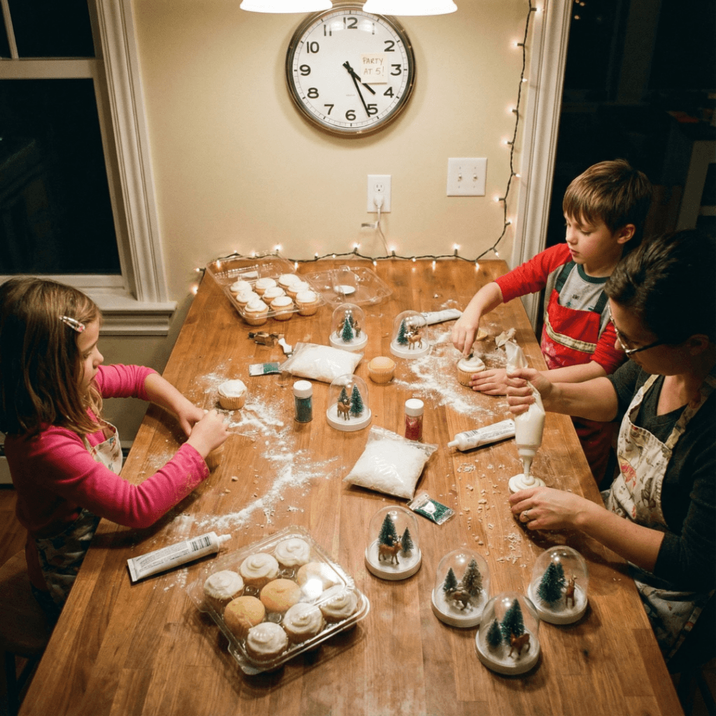 Family quickly assembling no‑bake snow globe cupcakes with store‑bought cupcakes during the busy holiday season