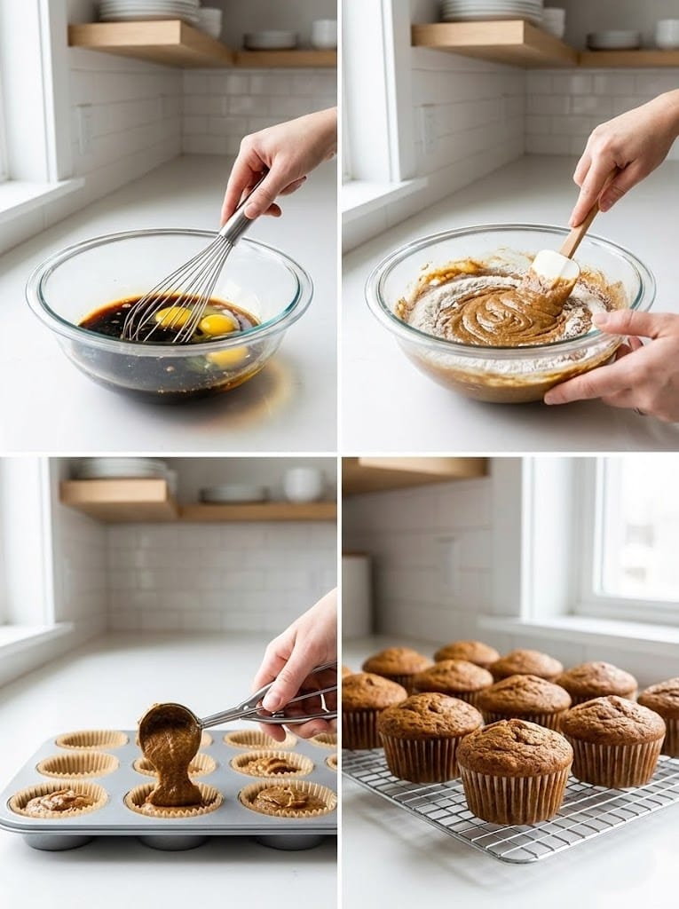 Step‑by‑step process of making gingerbread cupcakes from mixing batter to baked cupcakes cooling on a rack