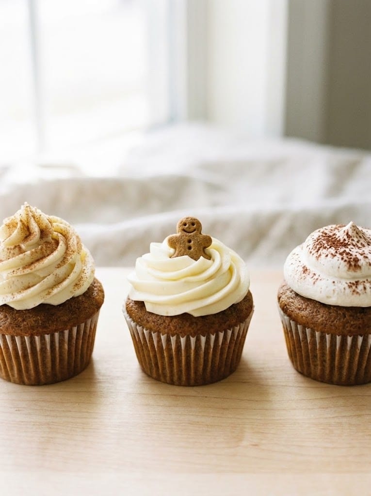 Three gingerbread cupcakes with different frostings including cream cheese, vanilla buttercream and whipped topping