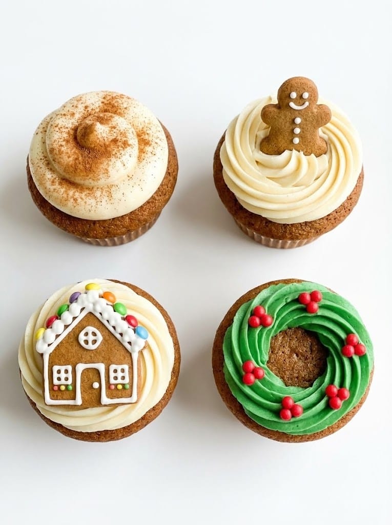 Four festive decoration ideas for gingerbread cupcakes including swirls, mini cookies, mini houses and wreaths