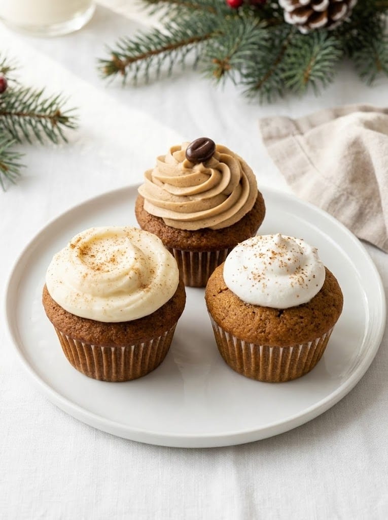 Three gingerbread cupcake variations including easy, latte and gluten-free lighter versions