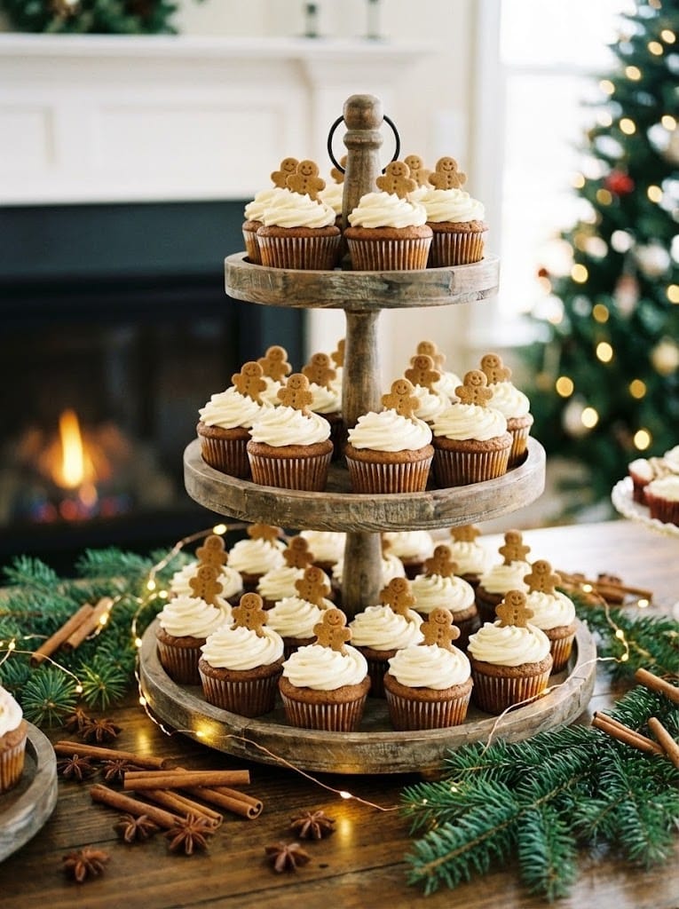 Gingerbread cupcakes displayed on a tiered stand with festive holiday decorations
