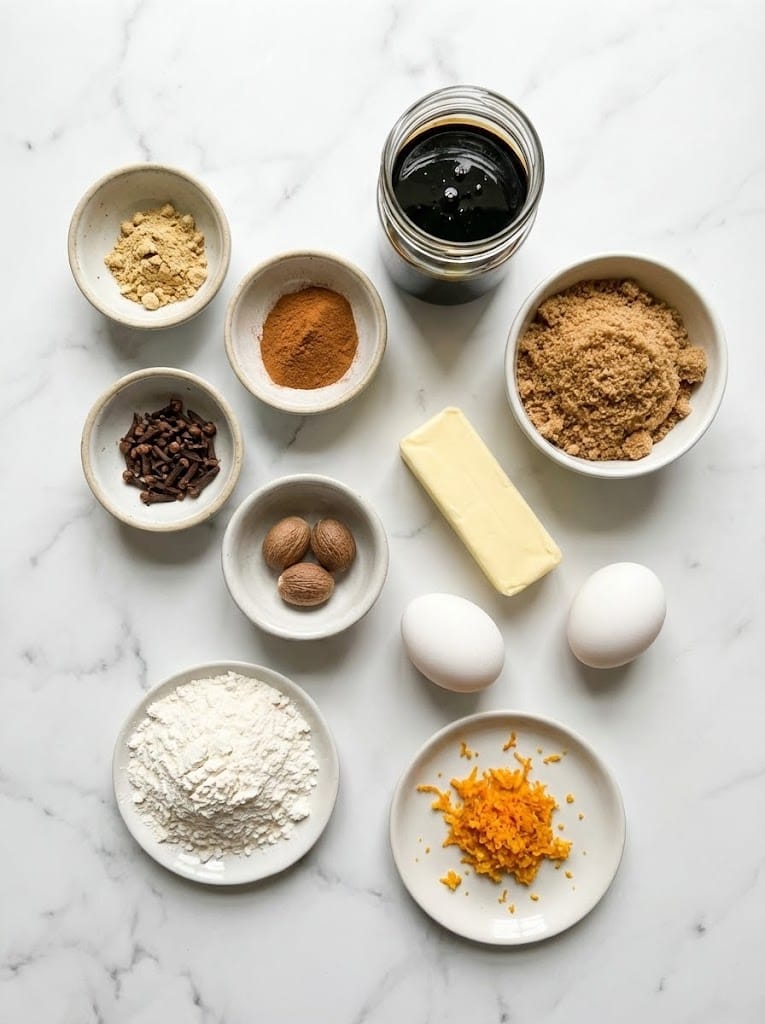 Key ingredients for gingerbread cupcakes including spices, molasses, brown sugar and butter