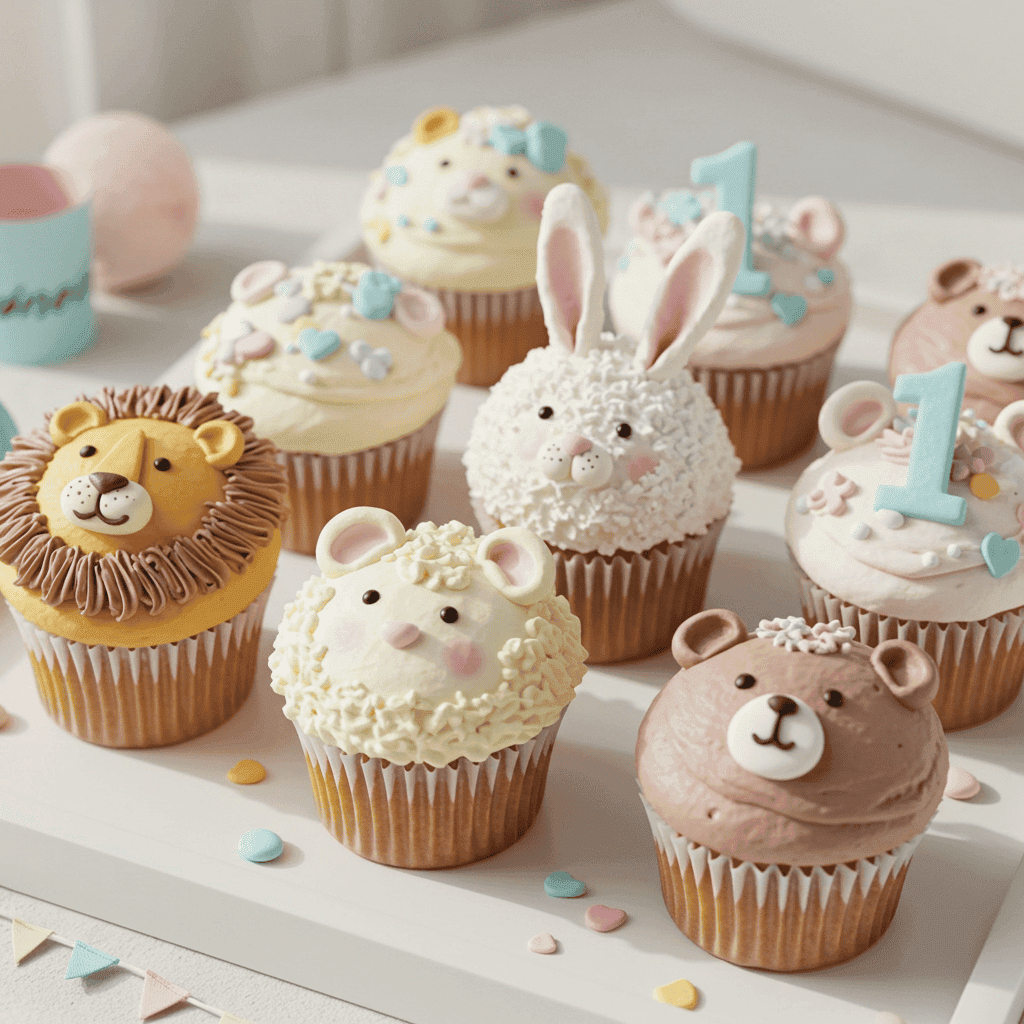 Birthday Cupcakes for Toddlers decorated with animal faces and pastel frosting