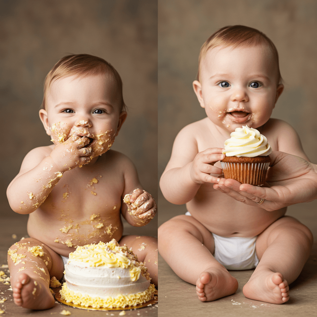 Visual comparison of smash cake vs. cupcake during toddler birthdays