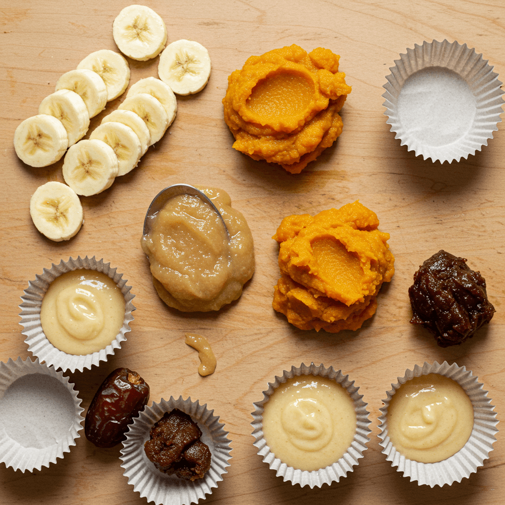 Natural ingredients for baby healthy cupcakes including banana, applesauce, and pumpkin