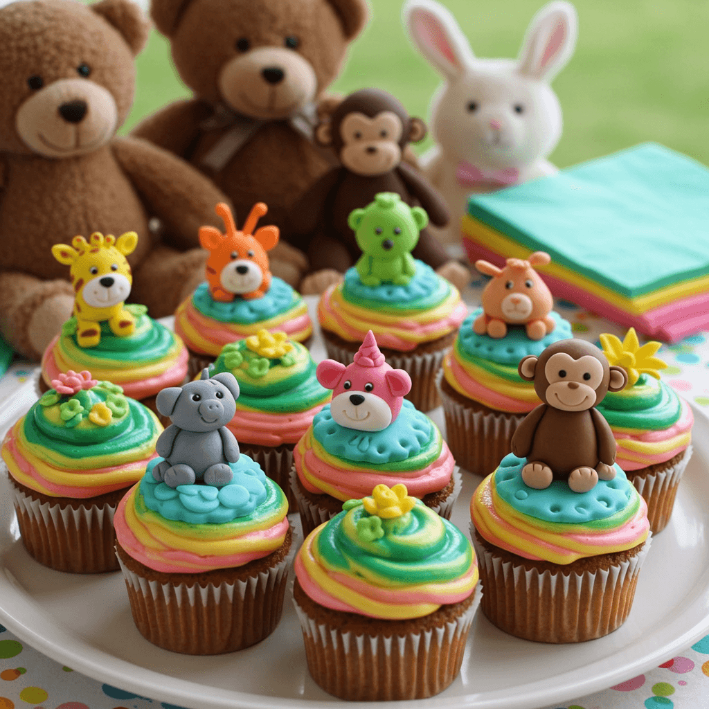 Rainbow and animal-themed cupcakes for preschool birthday