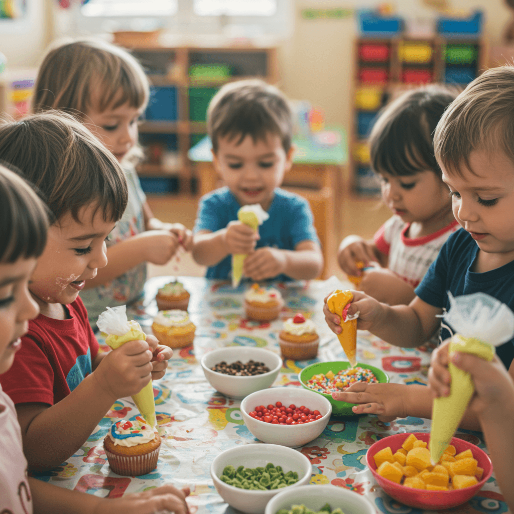 Kids decorating cupcakes with frosting and sprinkles