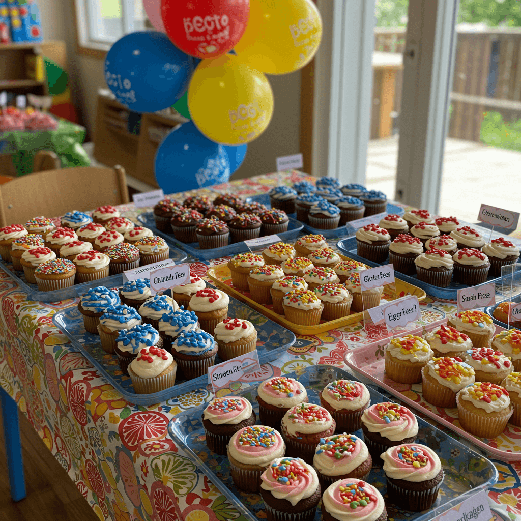 Clearly labeled allergy-friendly cupcakes for kids’ party