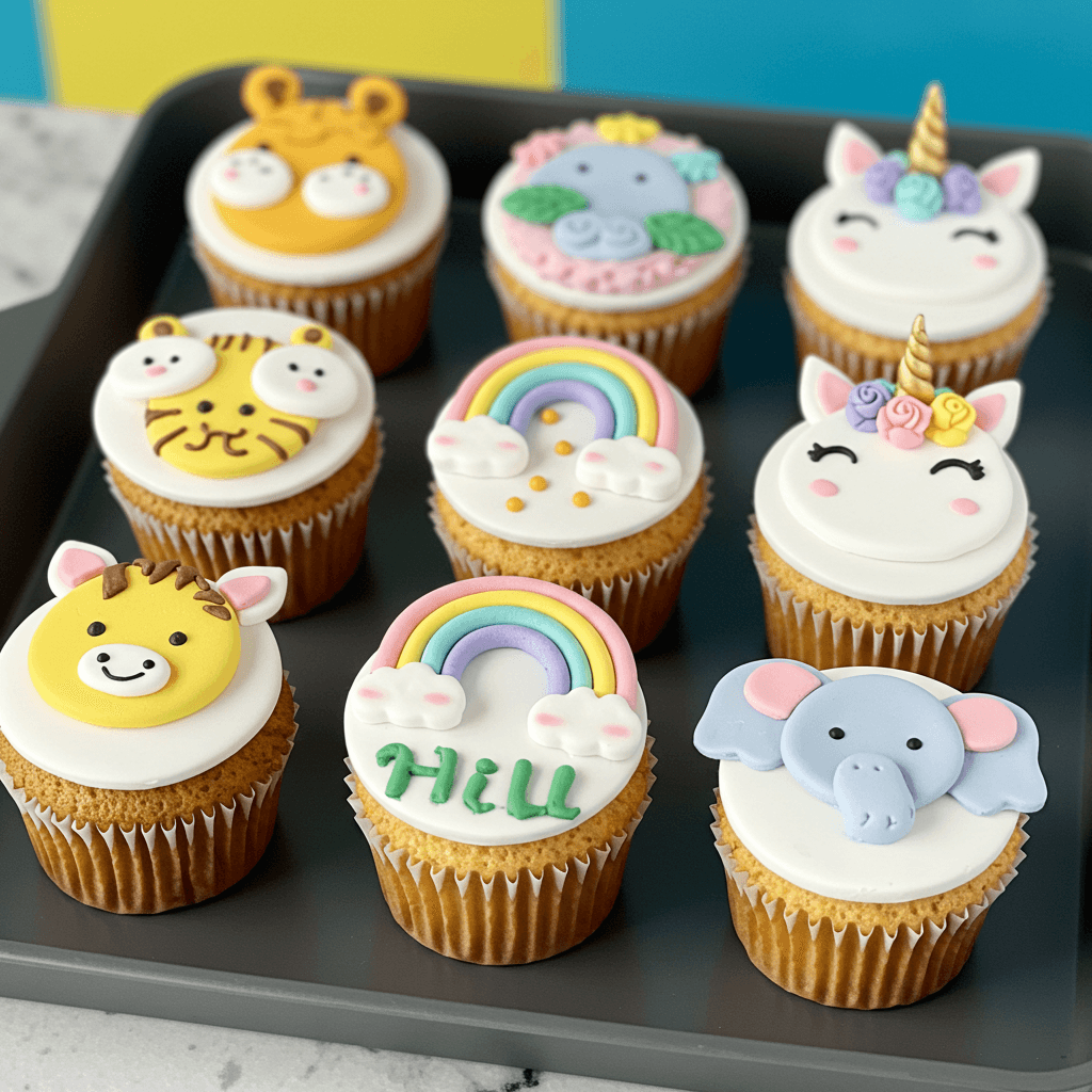 Animal and rainbow-themed cupcakes for preschoolers