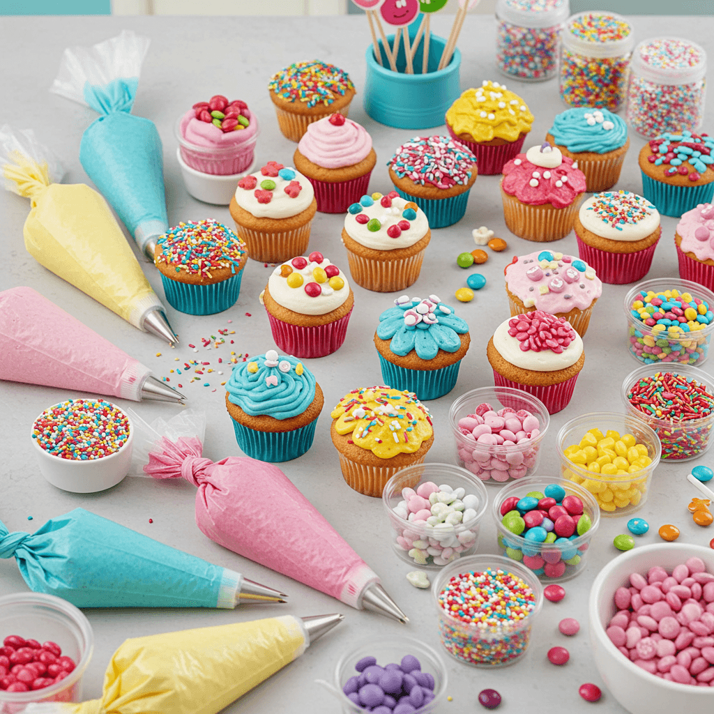 DIY cupcake decorating station at a kids' birthday party