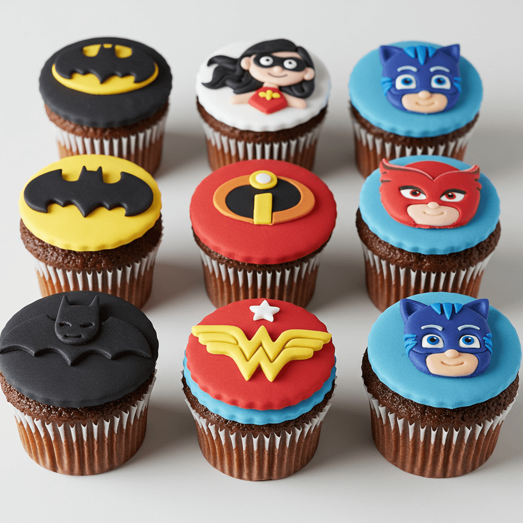 Cupcakes styled as DC heroes and animated favorites
