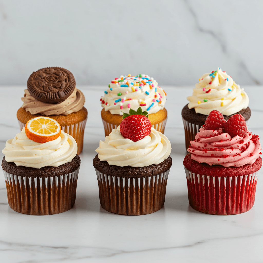 Six cupcakes with different kid-friendly flavors