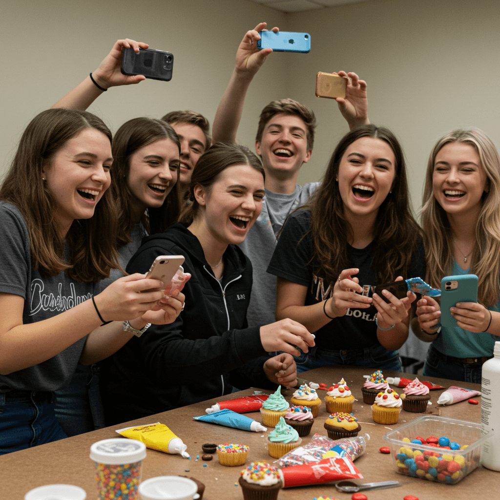 Teens doing cupcake decorating challenges at a party