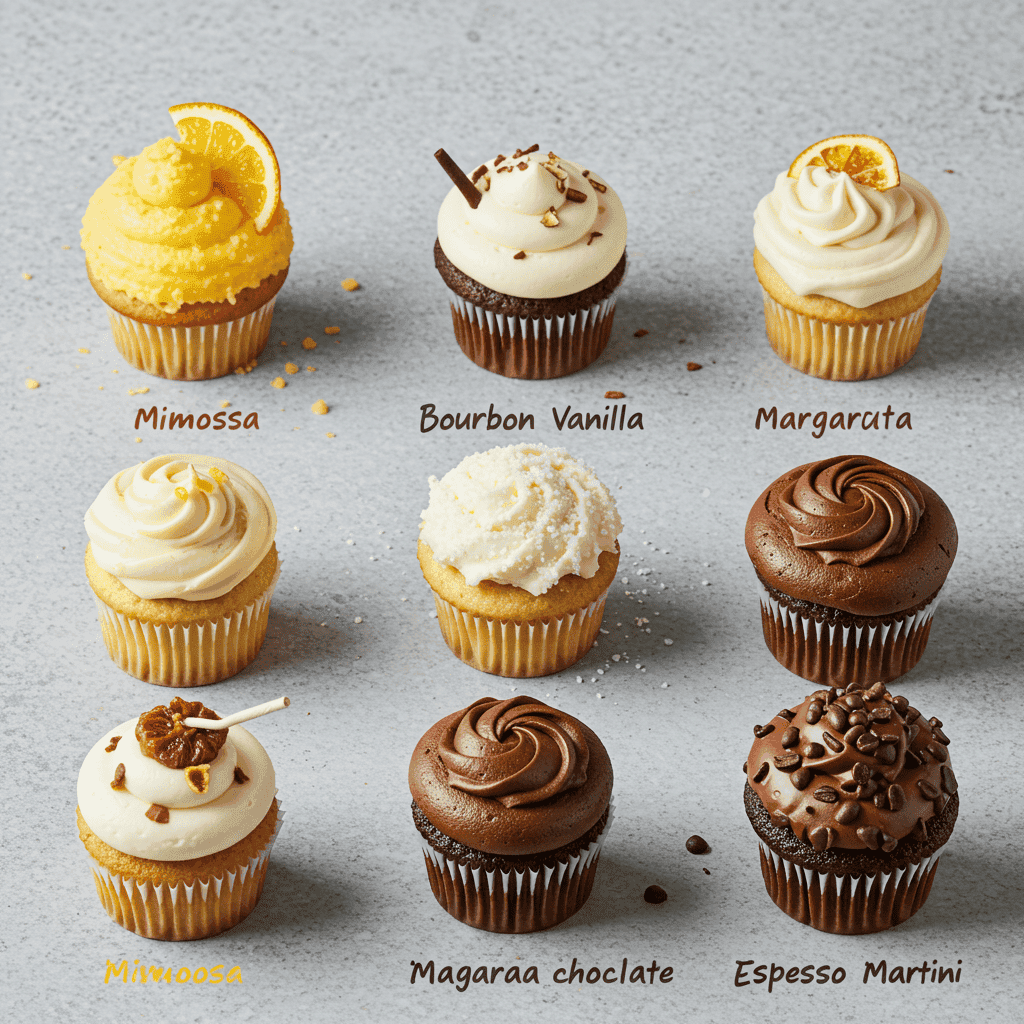 Assorted boozy cupcakes styled after cocktails
