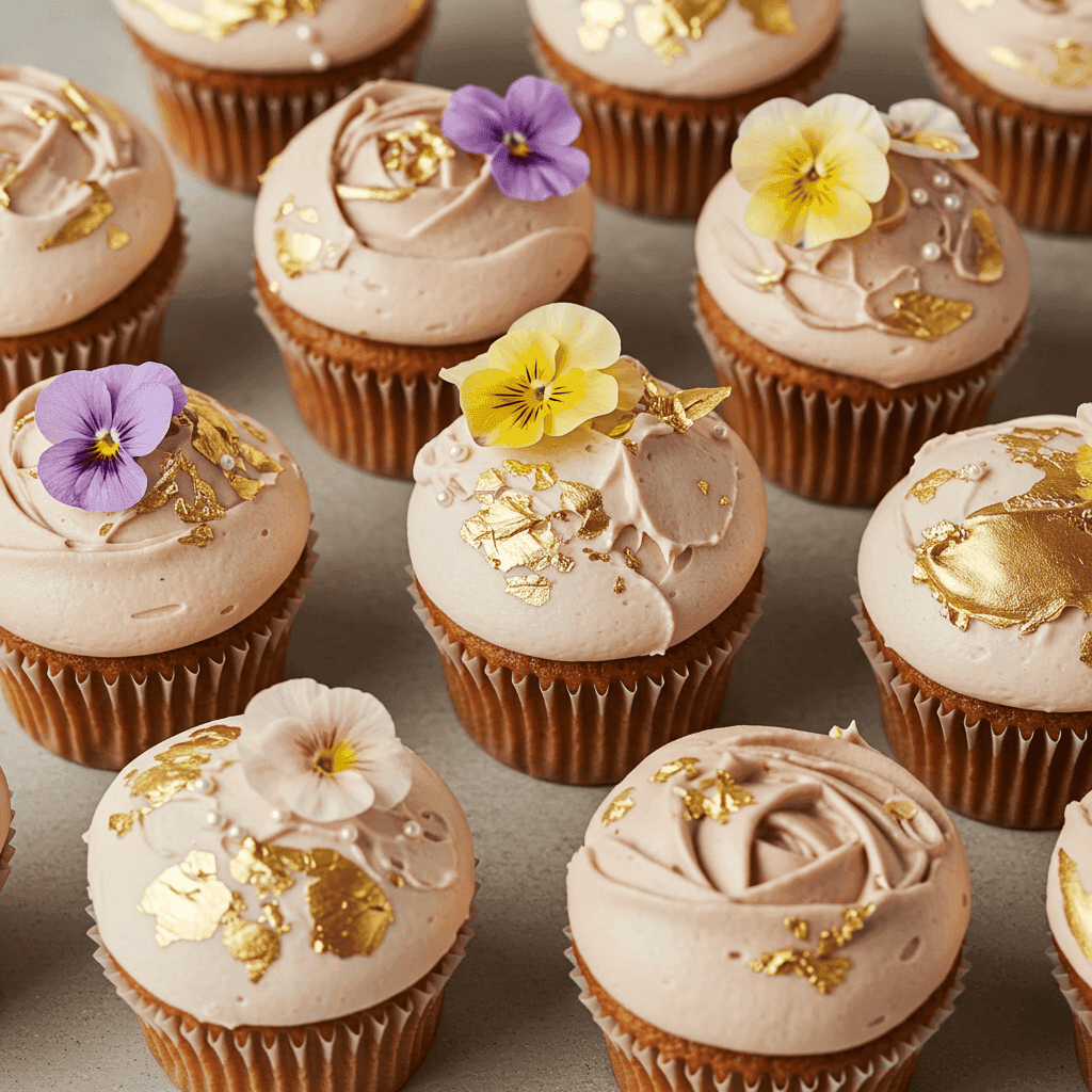 Cupcake Designs: Assorted elegant cupcakes with floral and metallic elements