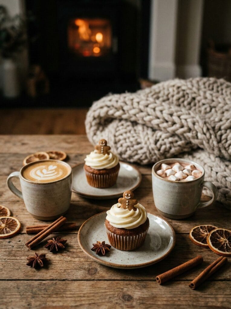 Gingerbread cupcakes served with hot drinks on a cozy holiday table